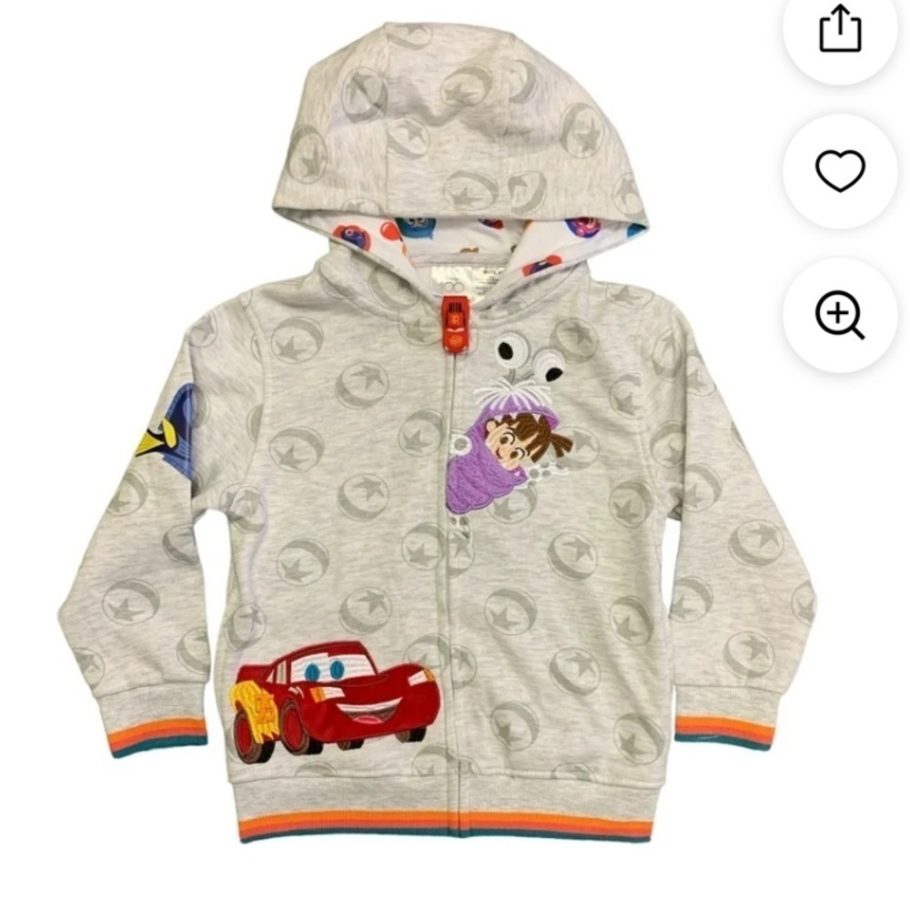 NWT Kids Gray Pixar/Disney Hoodie with Lighting McQueen zipper pull.  size 7